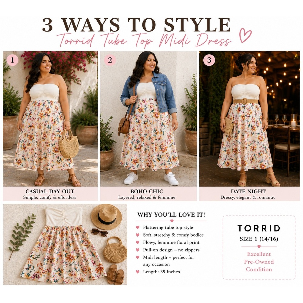 Torrid Tube Top Floral Midi Dress White Size 1 1X 14/16 Summer Boho - Picture 2 of 9